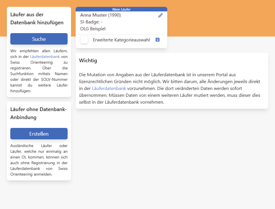 Seite «Läufer verwalten» mit den Karten zum Hinzufügen und dem eigenen Läufer