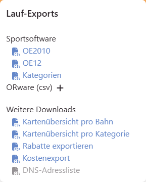 Karte Lauf-Exports mit den Formaten für die Sportsoftware und weiteren Downloads