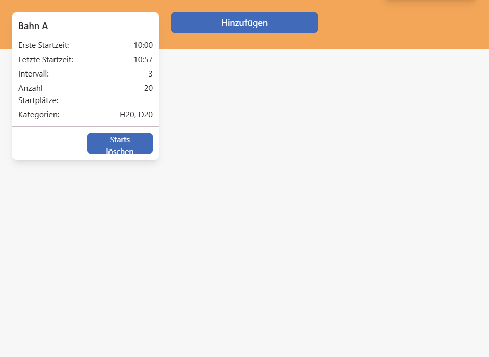 Karte einer Startliste mit erster und letzter Startzeit, Intervall, Anzahl Startplätze, Kategorien und dem Button Starts löschen