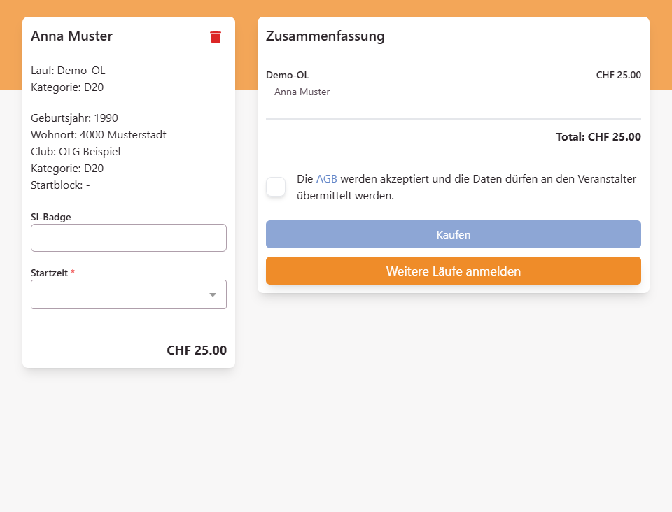 Warenkorb mit einer Anmeldung, Zusammenfassung und dem Knopf «Kaufen»