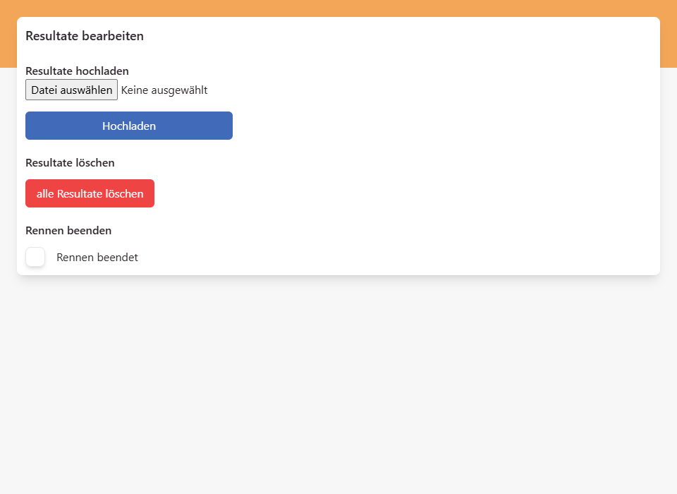 Seite Resultate bearbeiten mit den Bereichen Resultate hochladen, Resultate löschen und Rennen beenden